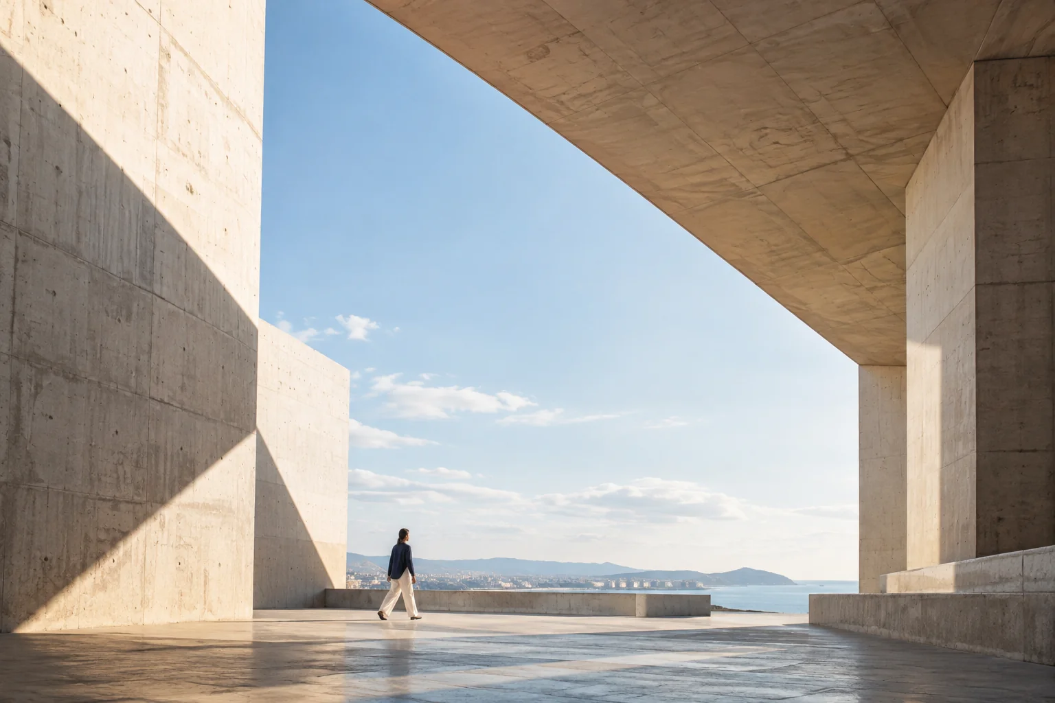 A person walks through a sunlit passage of contemporary architecture