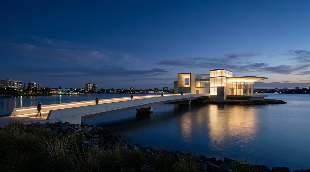 An illuminated waterfront pavilion at dusk