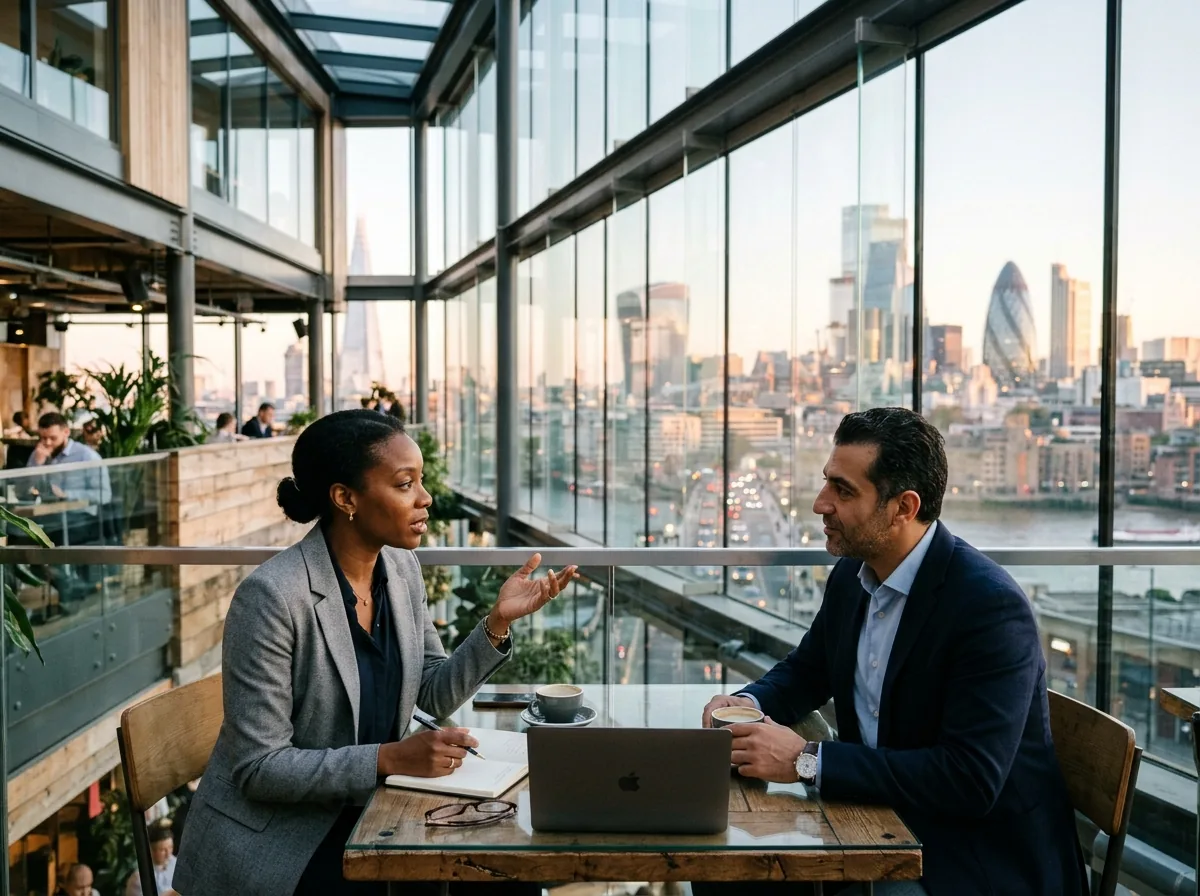 Two professionals sharing a conversation in a cafe overlooking the city