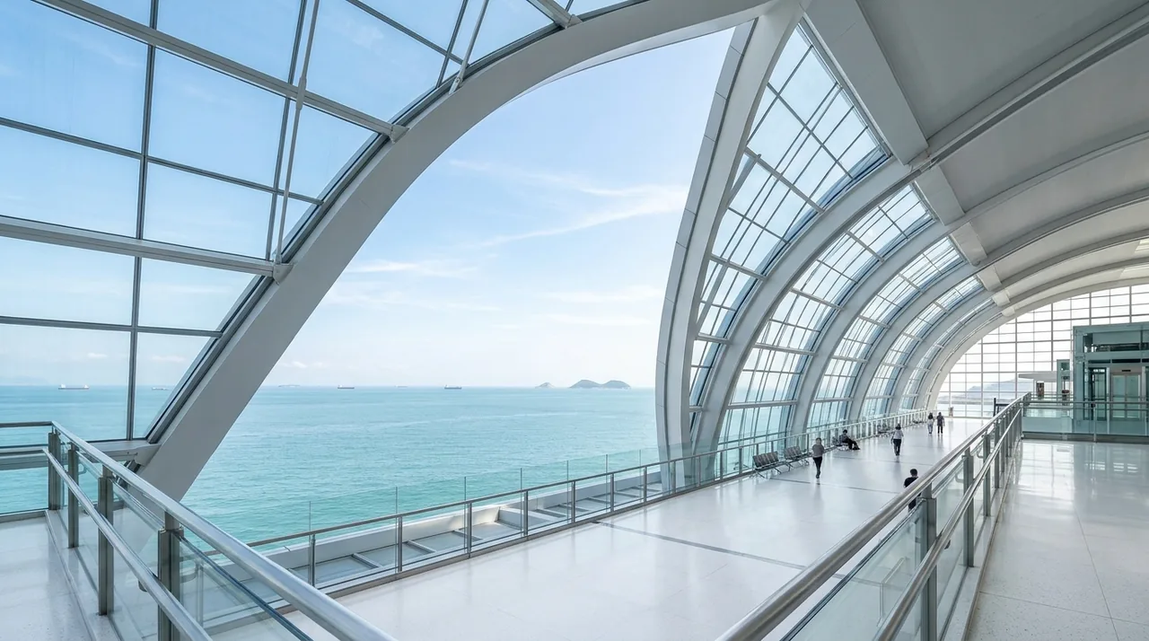 Travellers in a sunlit glass terminal overlooking the sea