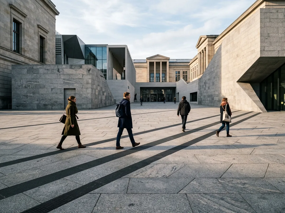 People walking through a sunlit plaza surrounded by contemporary architecture